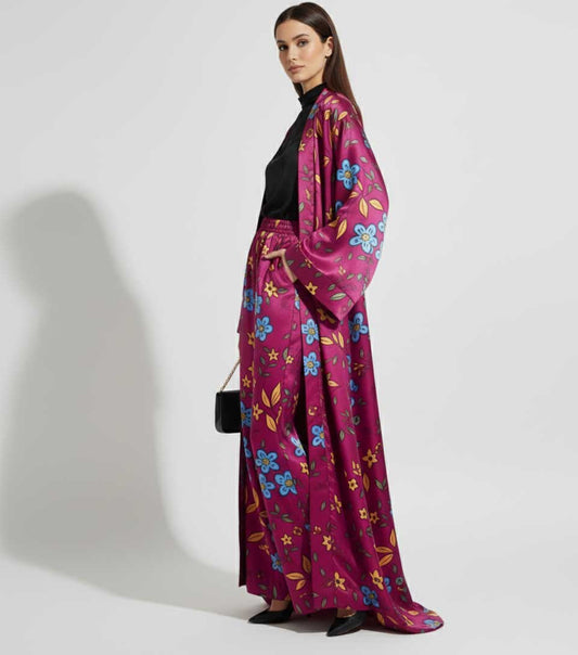 Floral Charmeuse Kimono & Wide Leg Pant Set