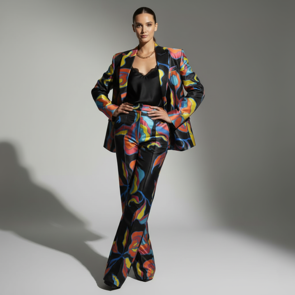 Abstract Brocade Silk Pantsuit