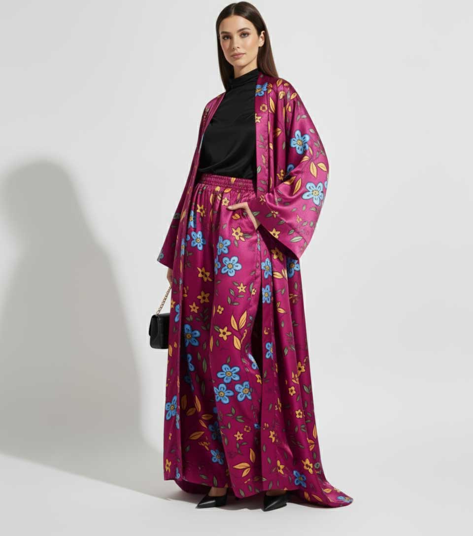 Floral Charmeuse Kimono & Wide Leg Pant Set