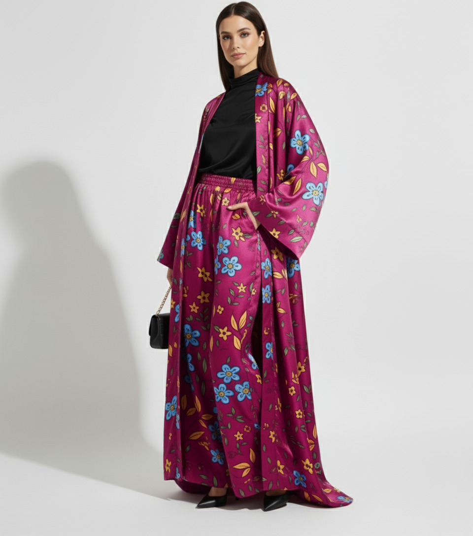 Floral Silk Charmeuse Kimono & Wide Leg Pant Set