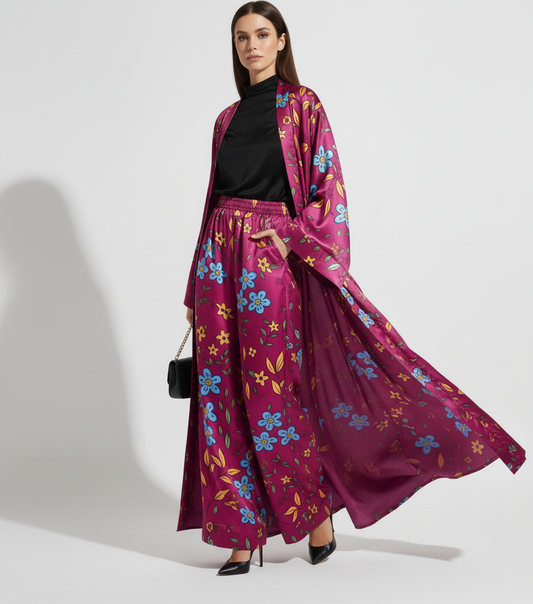 Floral Silk Charmeuse Kimono & Wide Leg Pant Set