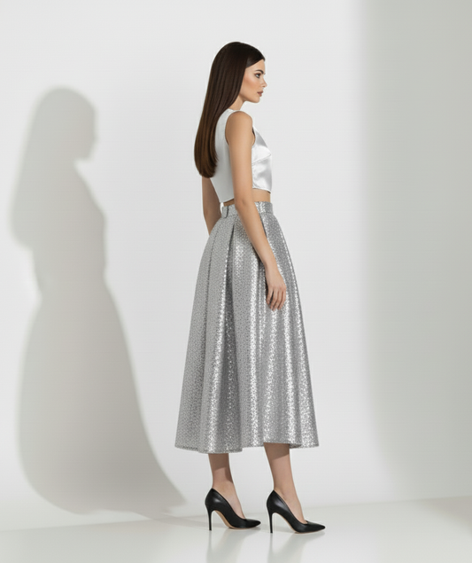 Silver Sequin Midi Skirt Set