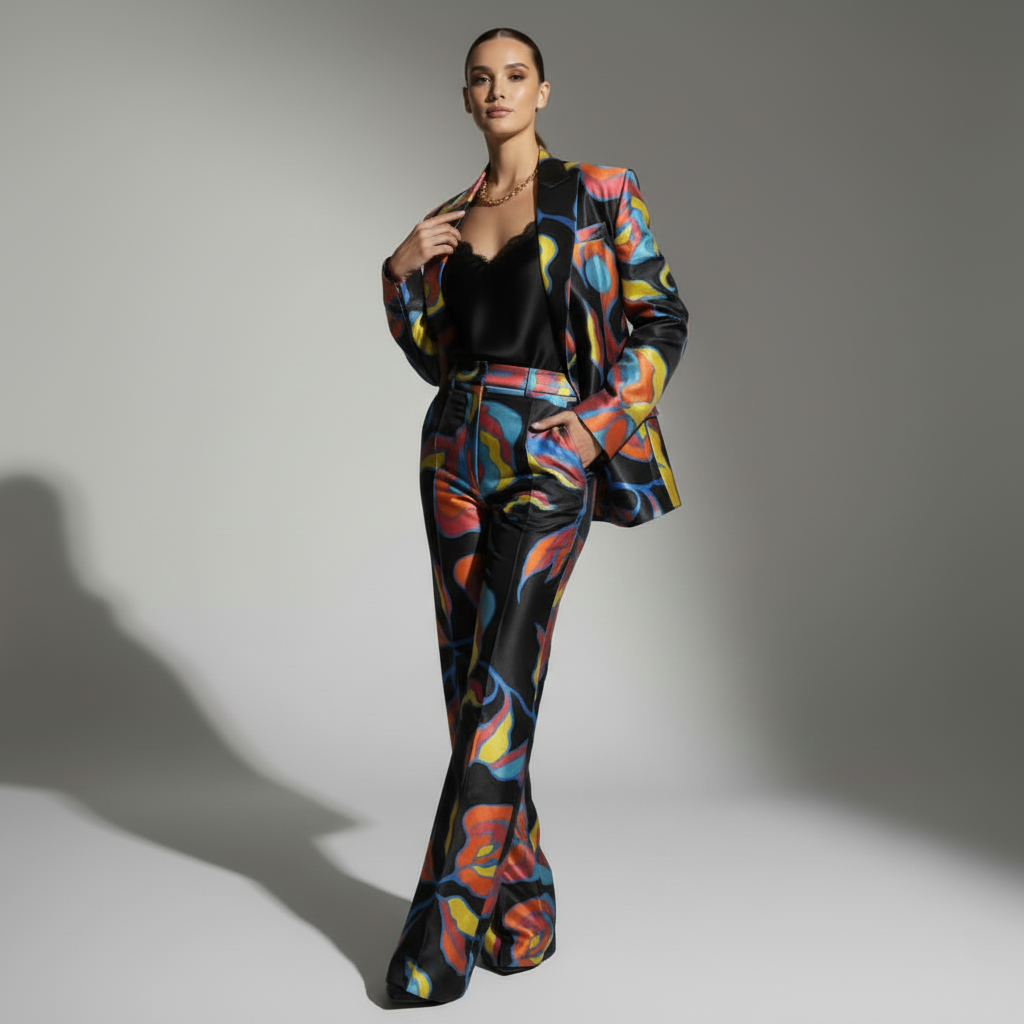 Abstract Brocade Silk Pantsuit