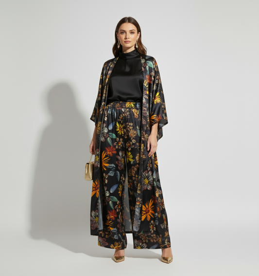 Charmeuse Silk Kimono & Wide-Leg Pant Set