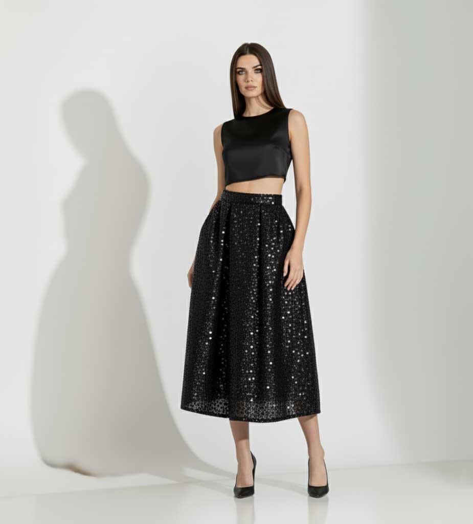 Black Sequin Midi Skirt Set