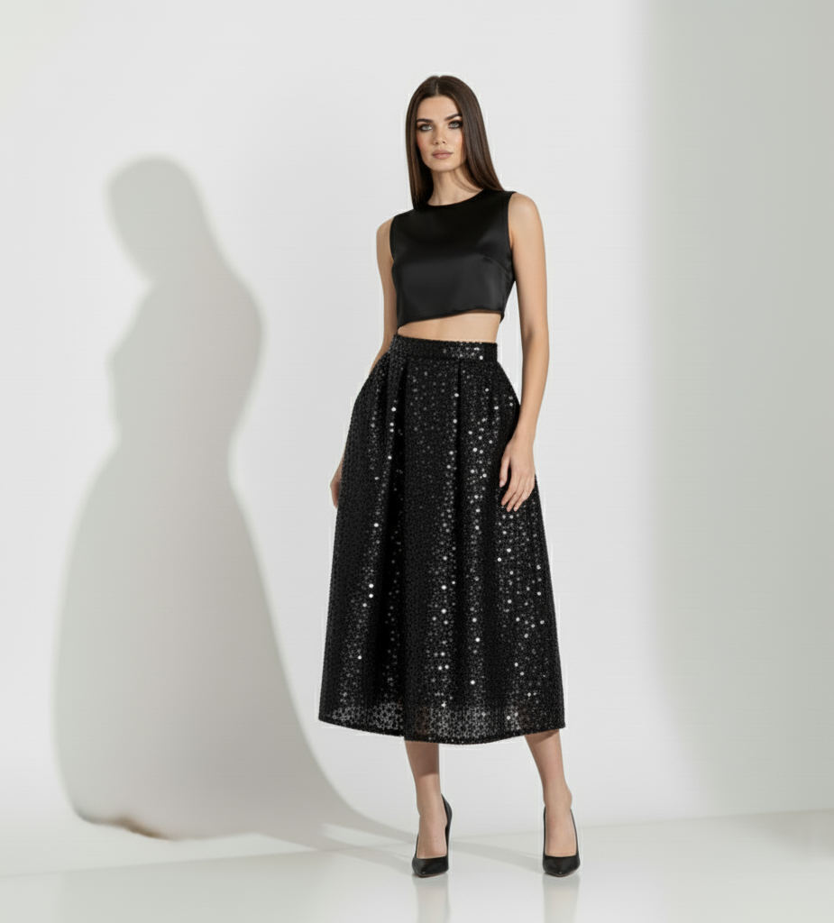 Black Sequin Midi Skirt Set