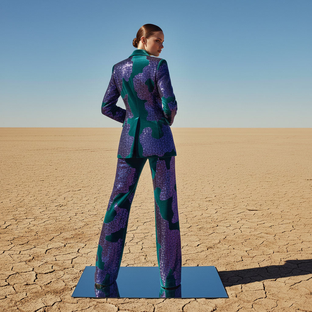 Sequin Applique Velvet Suit Women, 2 Piece Purple & Teal Blazer Set