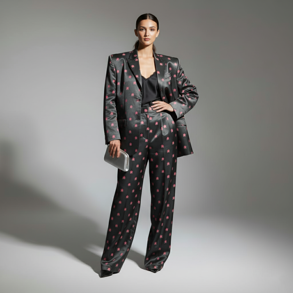 Black Brocade Silk Pantsuit