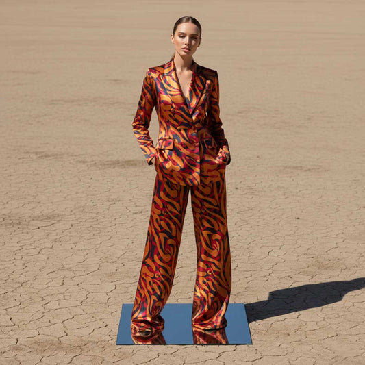 Woman wearing orange printed pant suit, styled look - ARTSAY