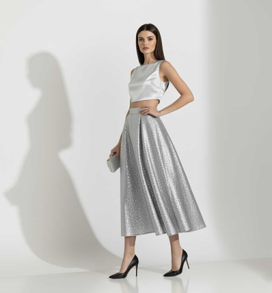 Woman wearing a silver top and skirt with a clutch against a white background