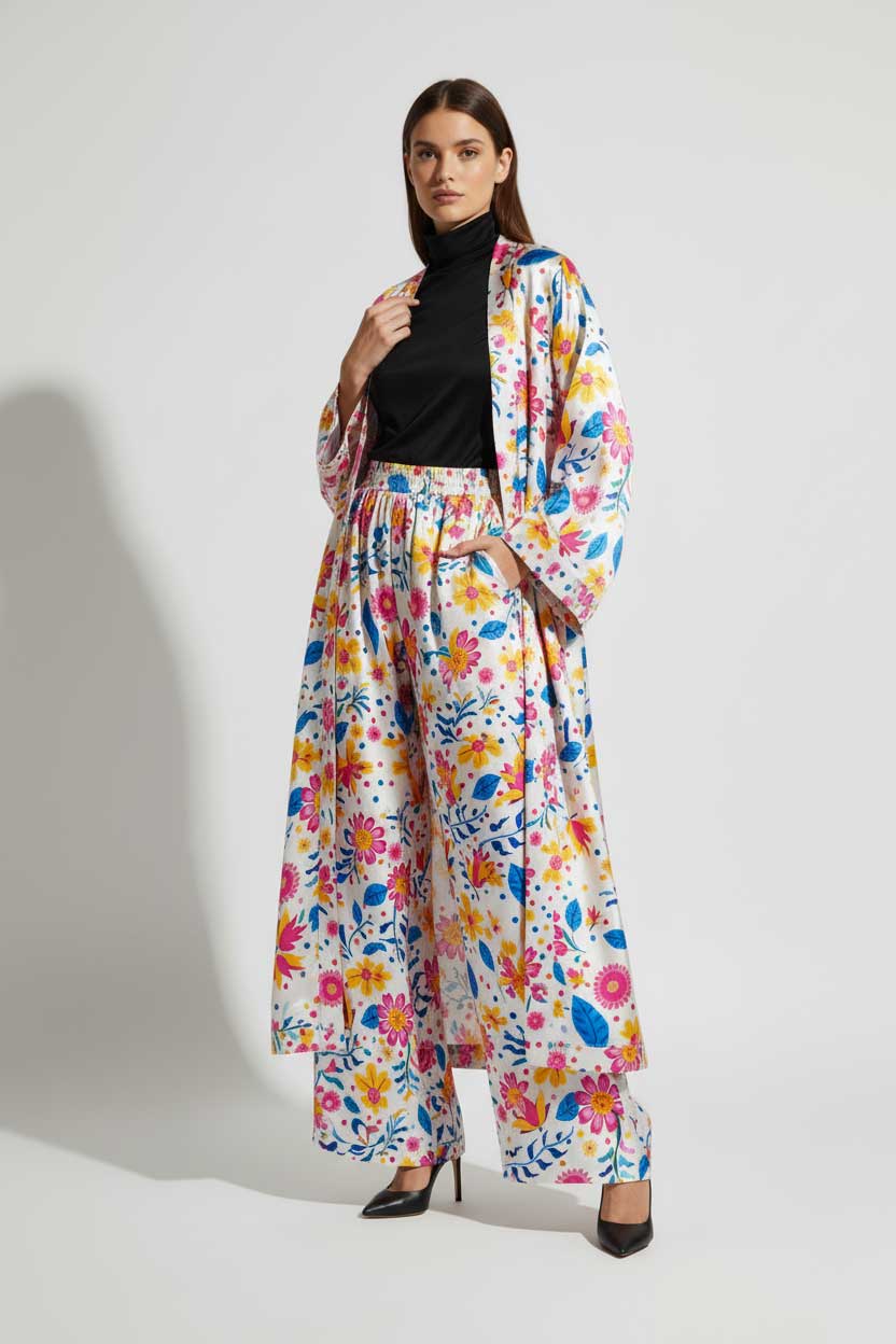 Woman wearing a colorful floral outfit on a white background