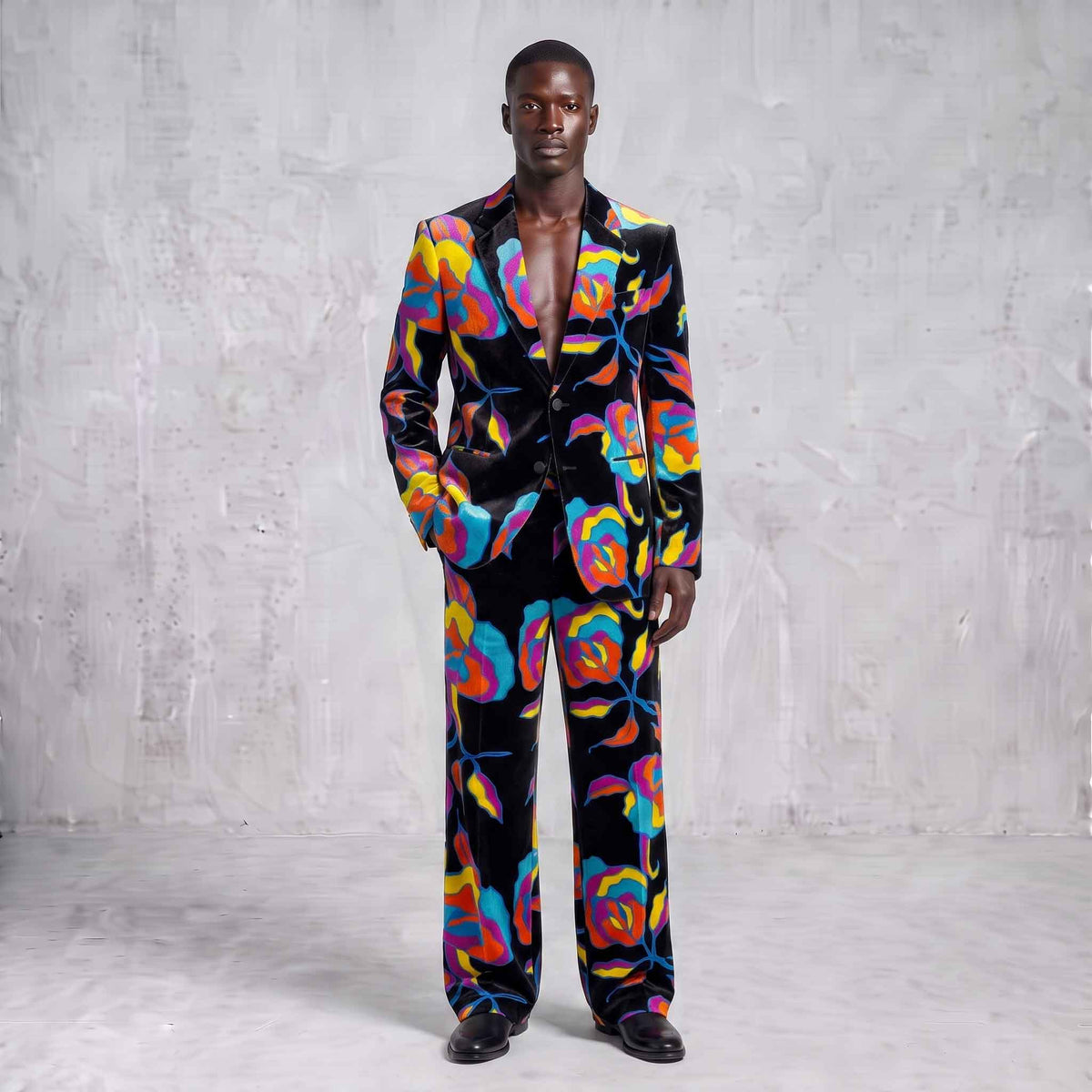 Abstract Floral Men's Suit – Black Velvet