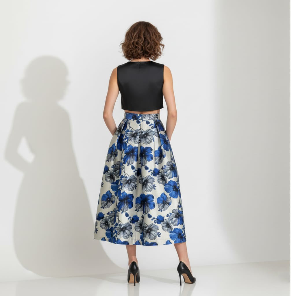 Woman wearing a black top and blue floral skirt against a white background