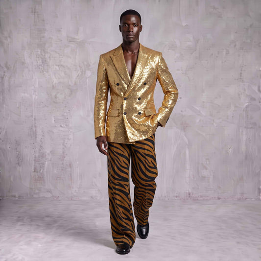 Golden Sequin Blazer & Animal Print Men's Suit