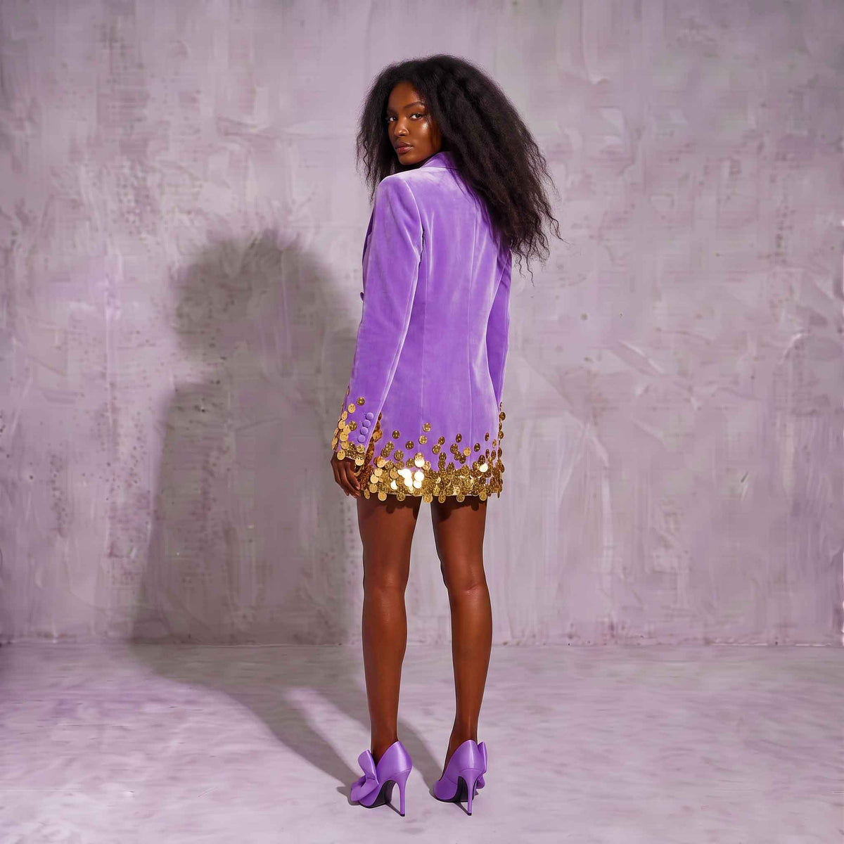 Purple Velvet Hand-Embellished Sequin Blazer