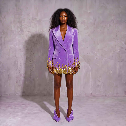 Purple Velvet Hand-Embellished Sequin Blazer