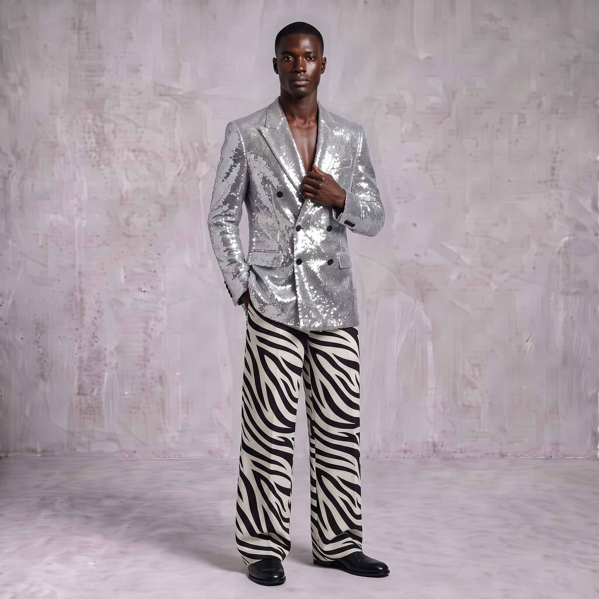 Silver Sequin Blazer & Zebra Print Men's Suit