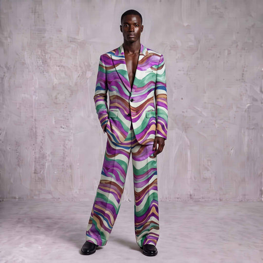 Multicolor Wave Print Men's Suit