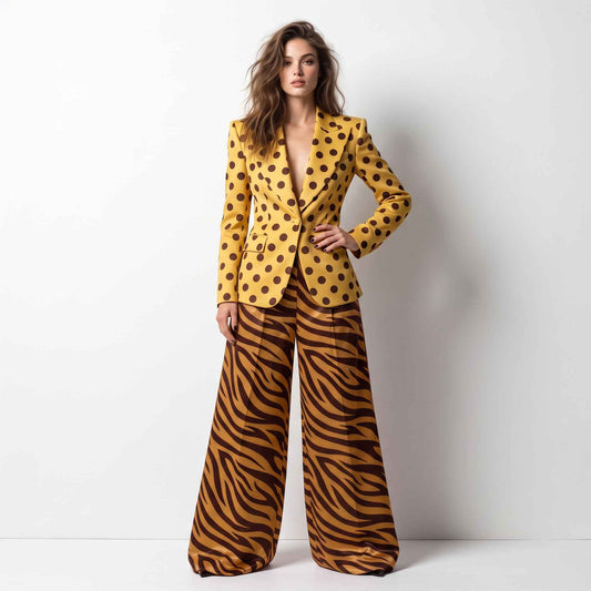 Yellow & Brown Polka Dot With Stripe Statement Suit