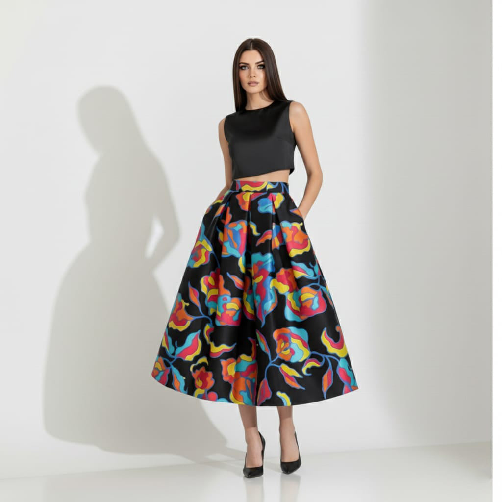 Woman wearing a black top and colorful floral skirt on a white background