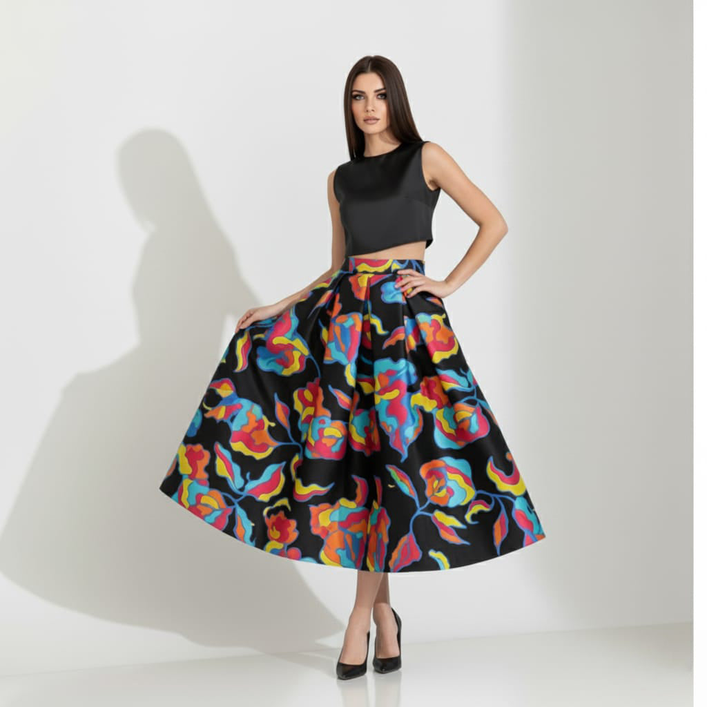 Woman wearing a black top and colorful floral skirt on a white background