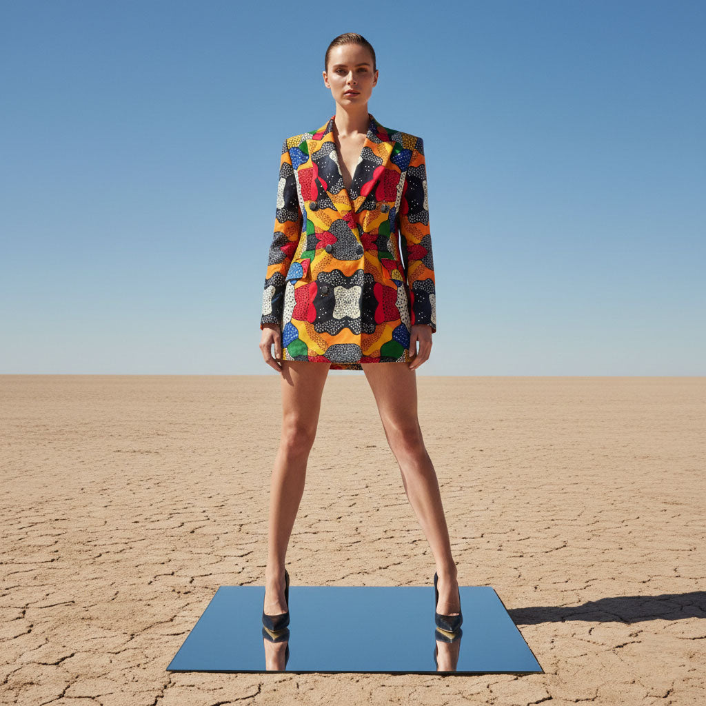 Abstract print velvet double-breasted blazer dress, front view - ARTSAY