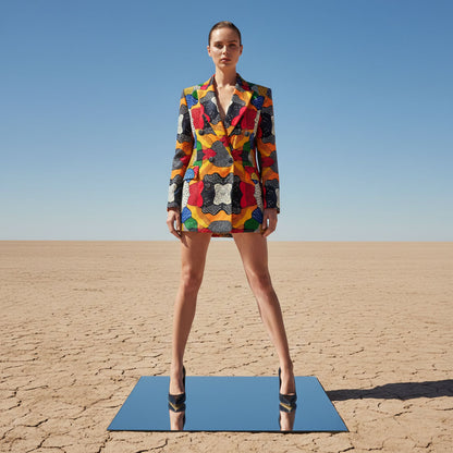 Abstract print velvet double-breasted blazer dress, front view - ARTSAY