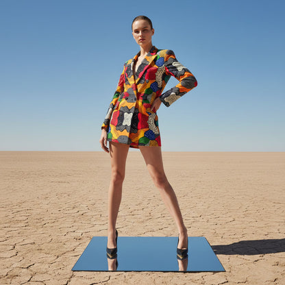 Close-up of abstract print pattern on velvet blazer dress - ARTSAY