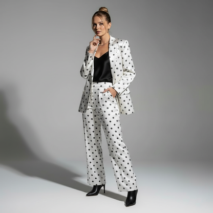 Black and white polka dot blazer and pant suit, front view - ARTSAY