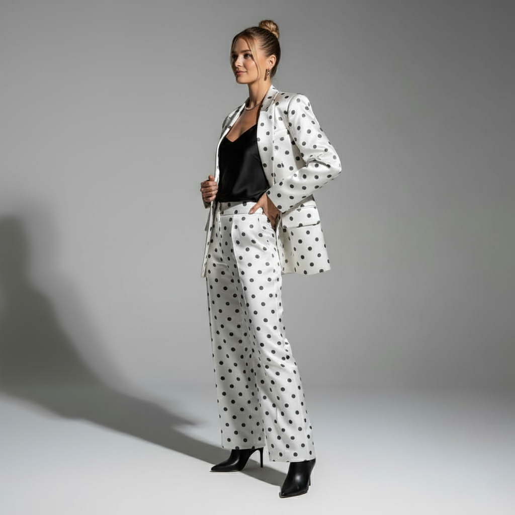 Woman wearing polka dot pant suit, styled look - ARTSAY