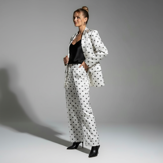 Woman wearing polka dot pant suit, styled look - ARTSAY