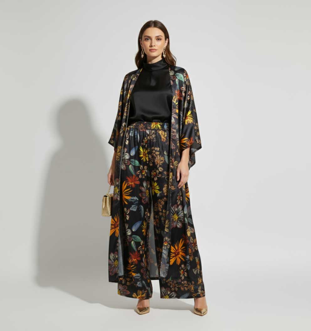 Woman wearing a floral kimono-style outfit on a plain background