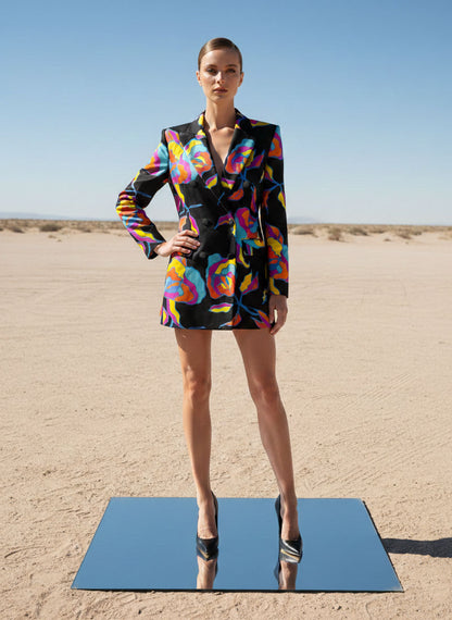 Black floral velvet blazer mini dress, front view - ARTSAY