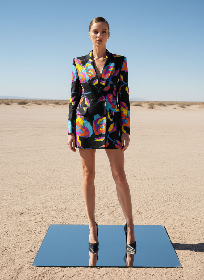 Woman wearing black floral velvet blazer dress, styled look - ARTSAY