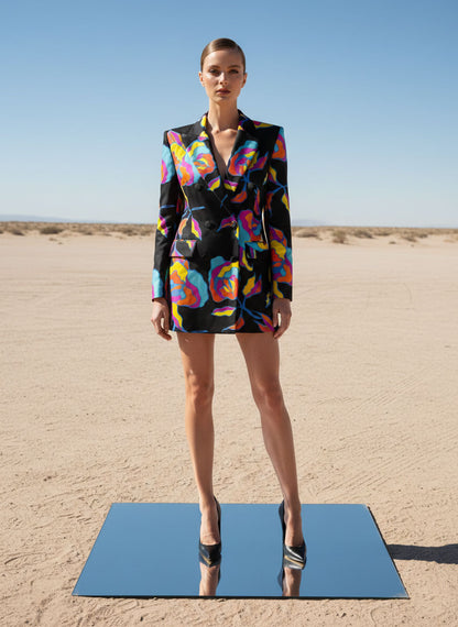 Woman wearing black floral velvet blazer dress, styled look - ARTSAY