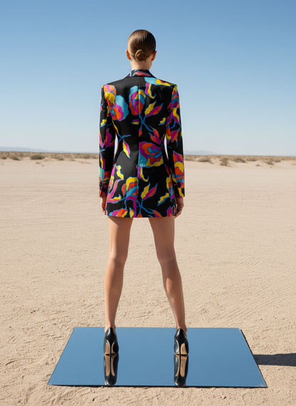 Close-up of floral print on black velvet blazer dress - ARTSAY