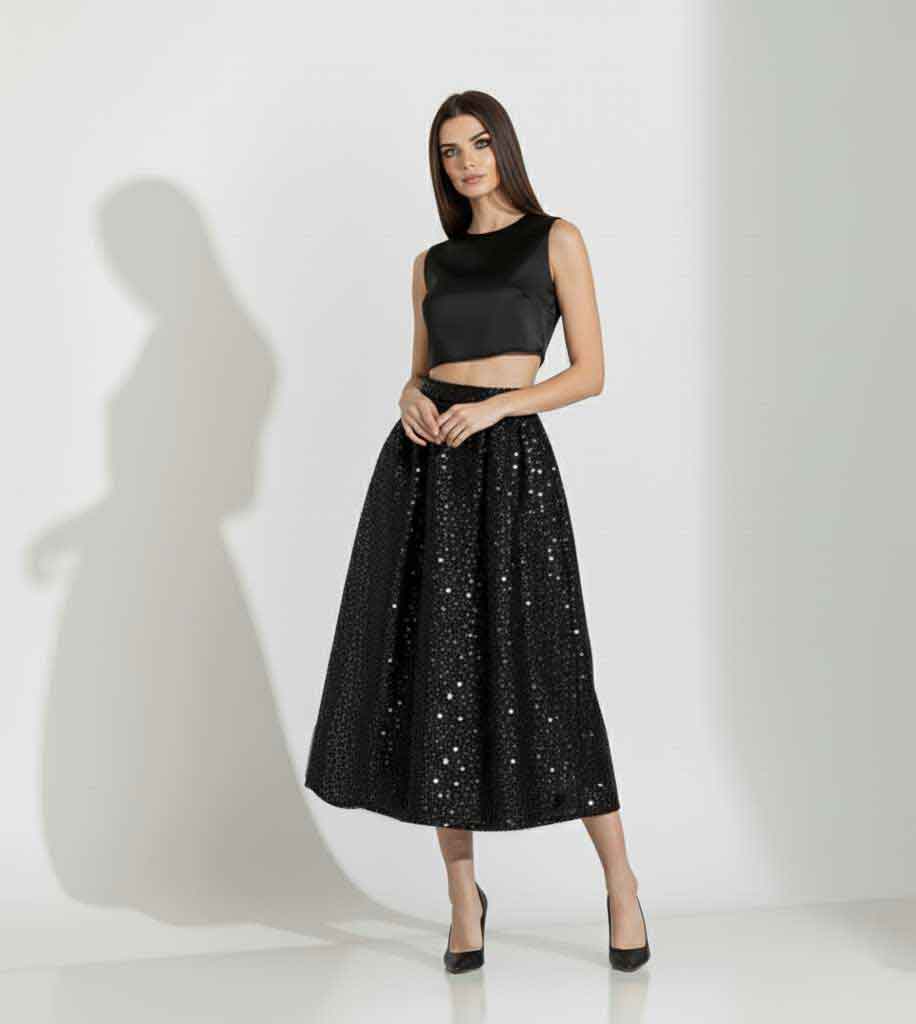 Woman wearing a black sleeveless top and sequin skirt on a white background