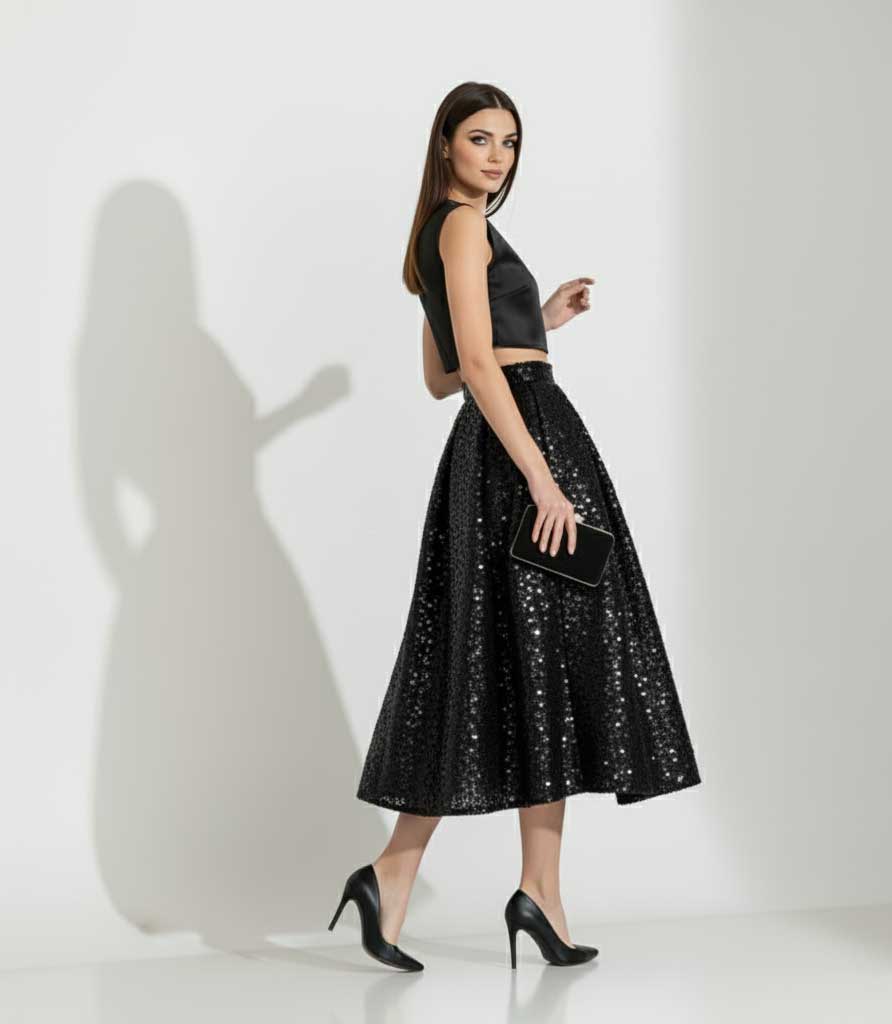 Woman wearing a black sequin skirt and top on a white background