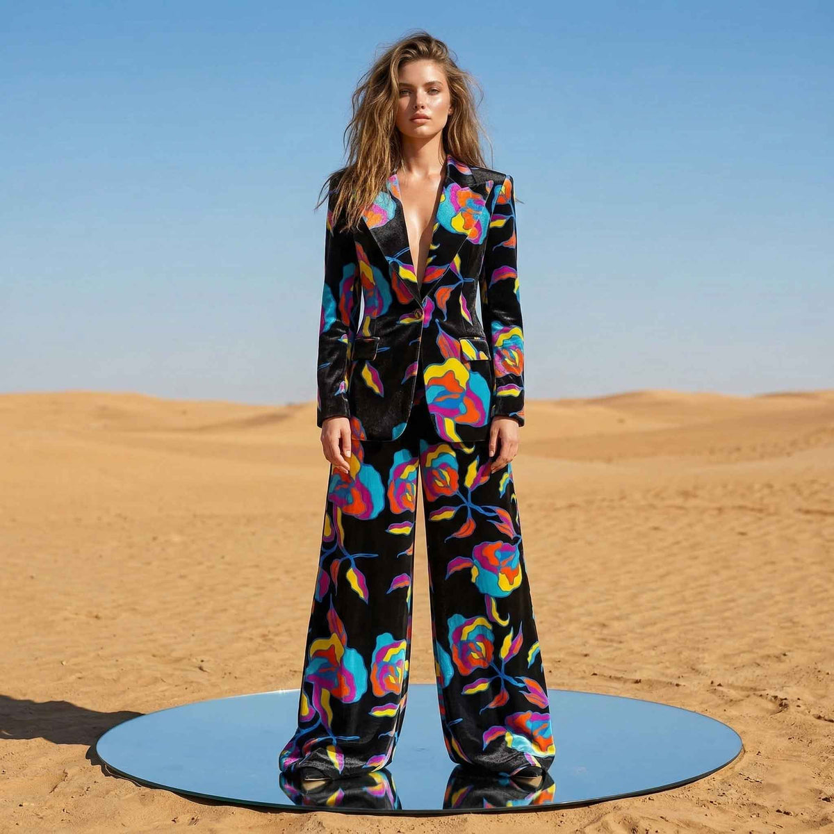 Black velvet abstract print blazer and pant suit, front view - ARTSAY