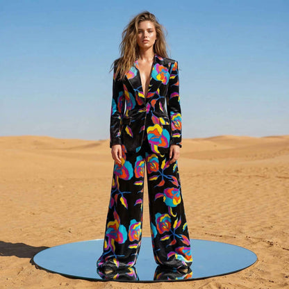 Black velvet abstract print blazer and pant suit, front view - ARTSAY