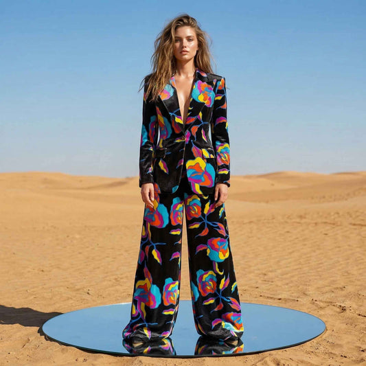 Black velvet abstract print blazer and pant suit, front view - ARTSAY