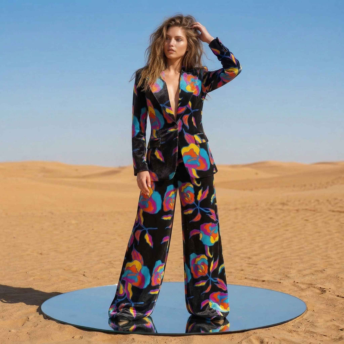 Woman wearing black velvet abstract print suit, styled look - ARTSAY