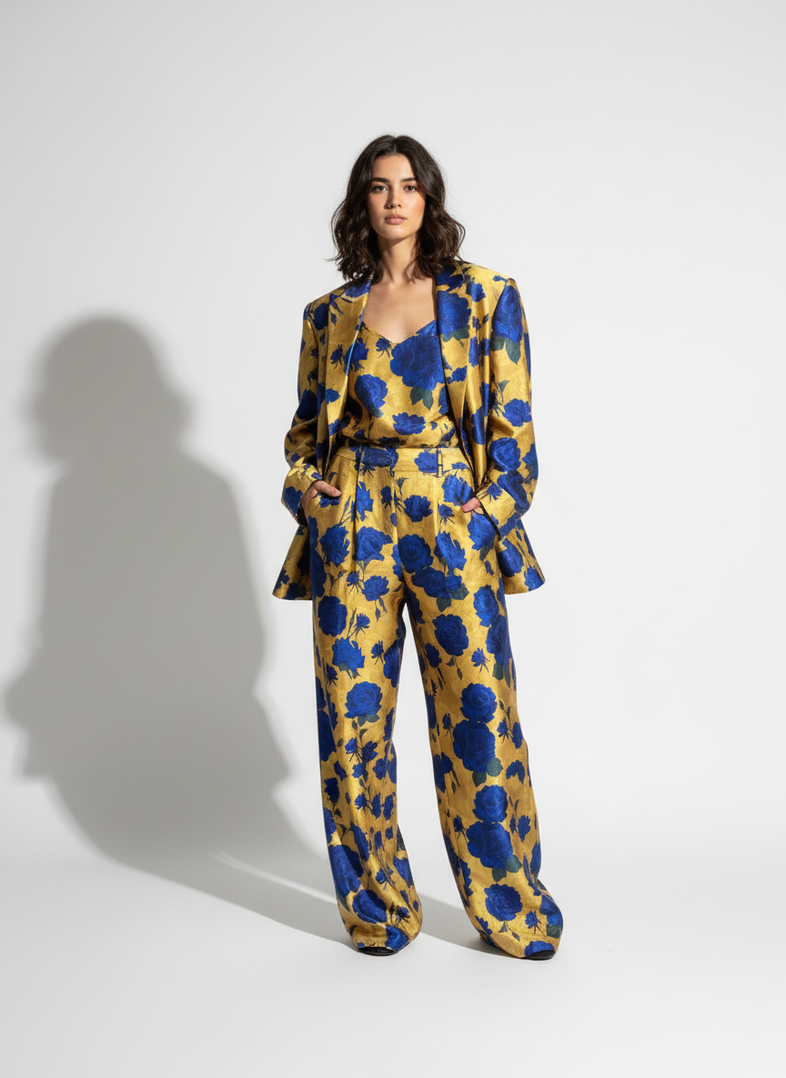 Blue and gold printed 3-piece blazer set, front view - ARTSAY