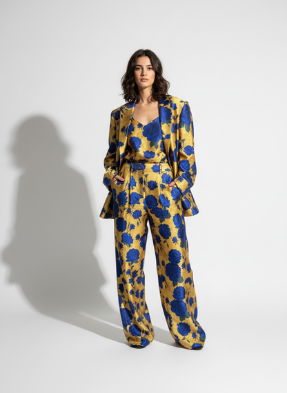 Blue and gold printed 3-piece blazer set, front view - ARTSAY