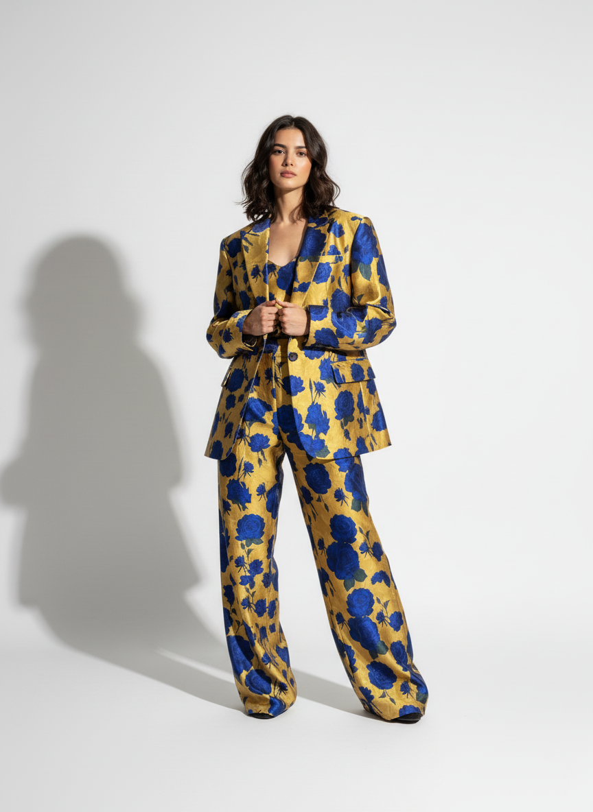 Blue and gold printed suit, back view - ARTSAY