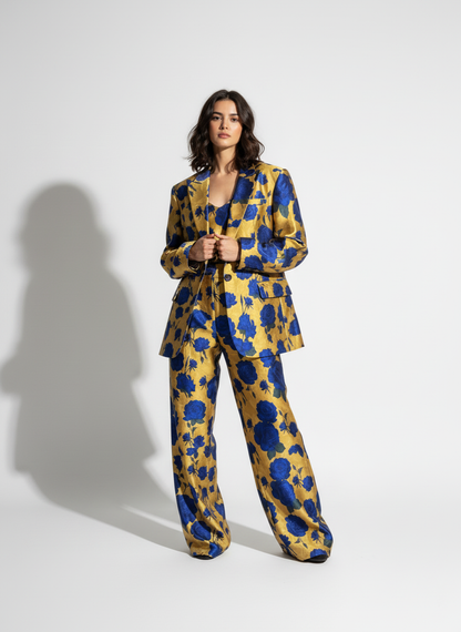 Blue and gold printed suit, back view - ARTSAY