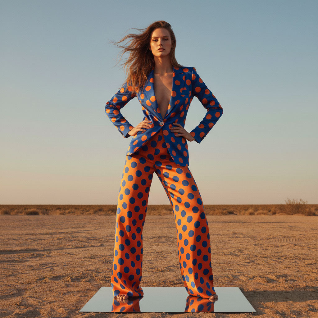 Blue and orange polka dot blazer and pant suit, front view - ARTSAY