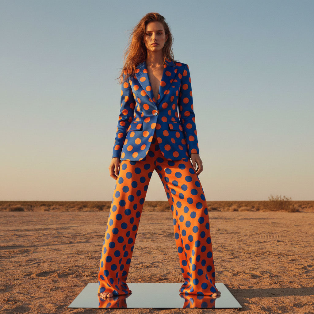 Woman wearing blue orange polka dot pant suit, styled look - ARTSAY