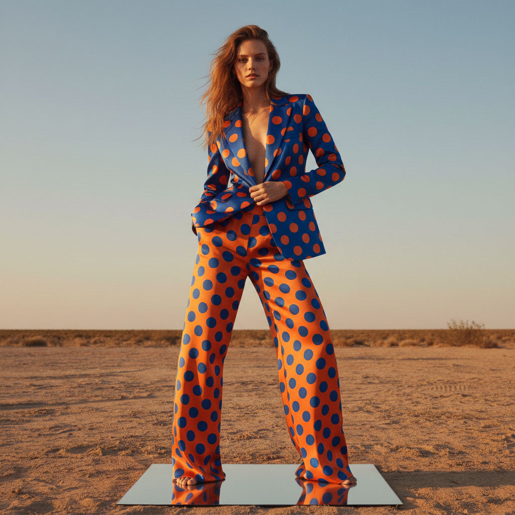 Close-up of polka dot pattern on blue and orange blazer - ARTSAY