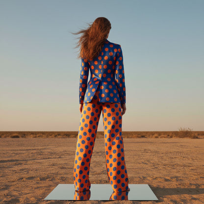 Blue and orange polka dot pant suit, back view - ARTSAY